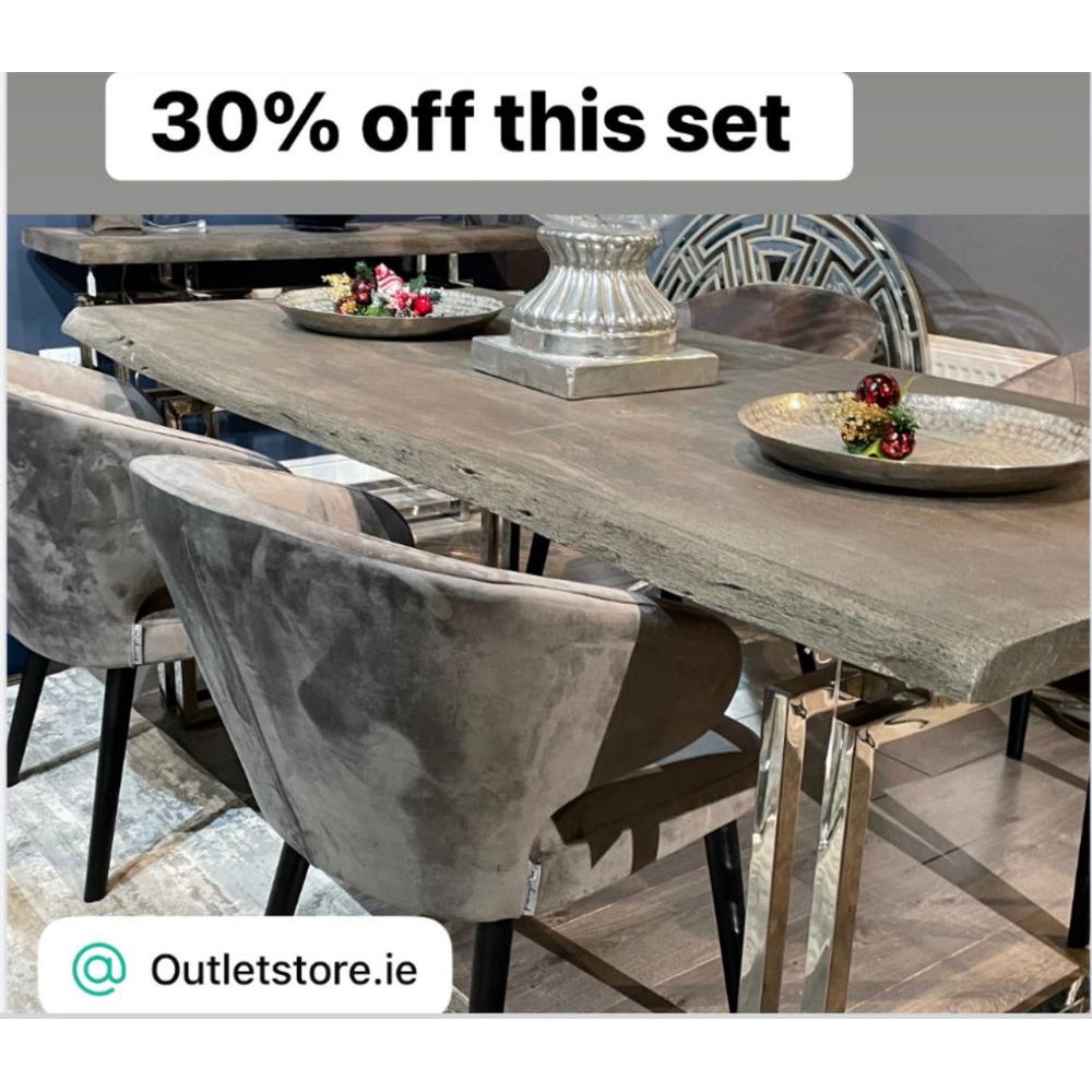 Tuscan solid live edge dining table, 200cm, with a grey wooden top and polished chrome base.