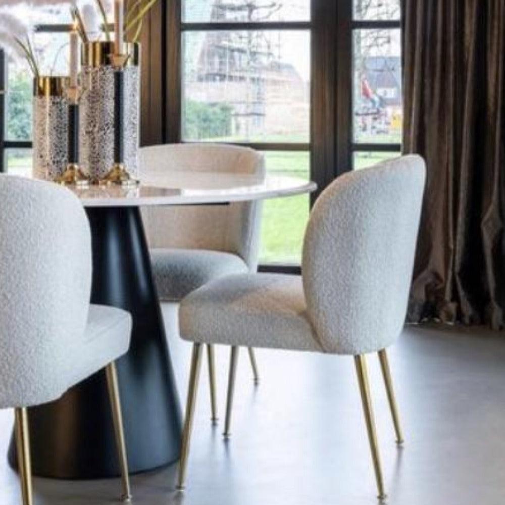 White Cannondale boucle dining chairs-Renaissance Design Studio