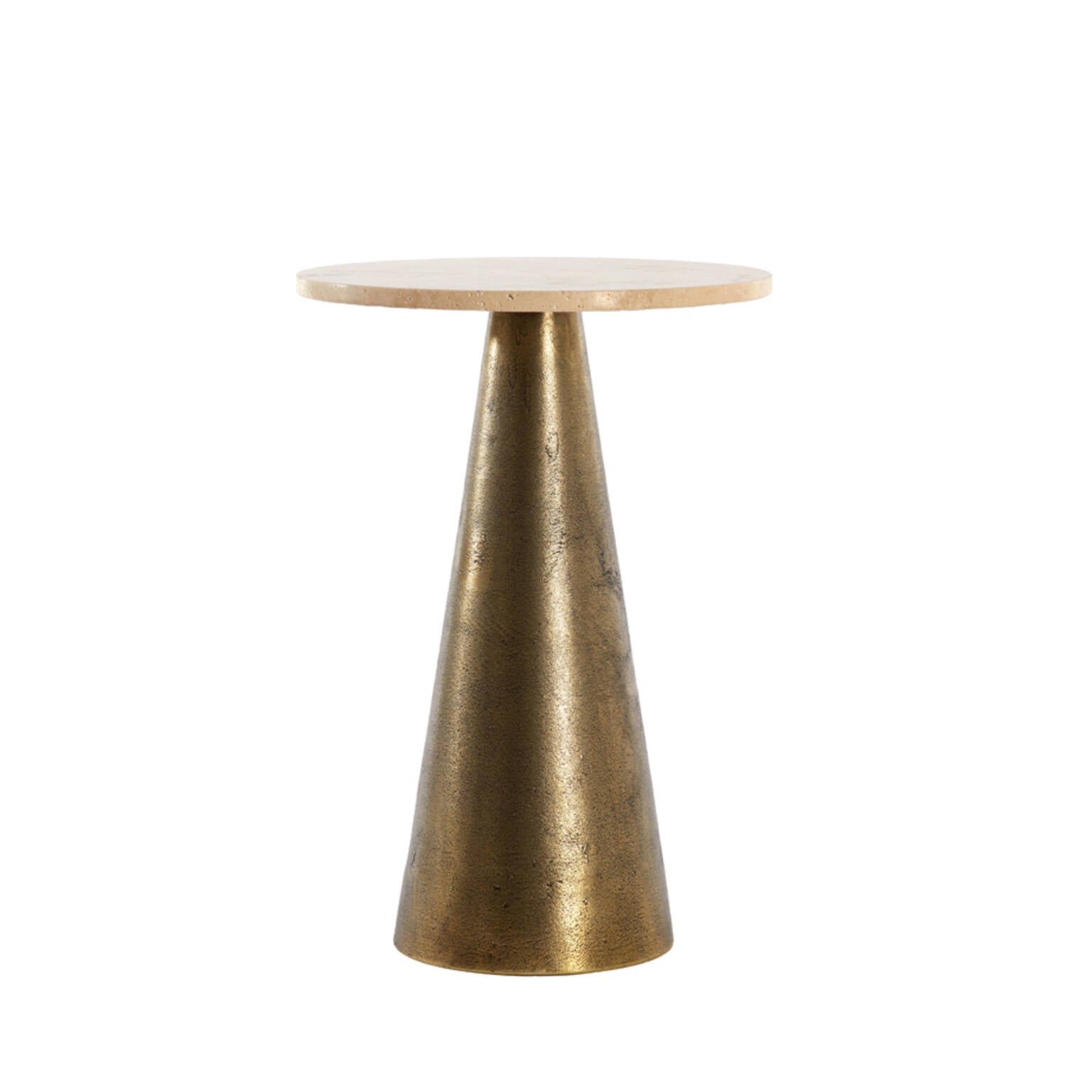 Yvie side table with travertine top on bronzed base-Renaissance Design Studio